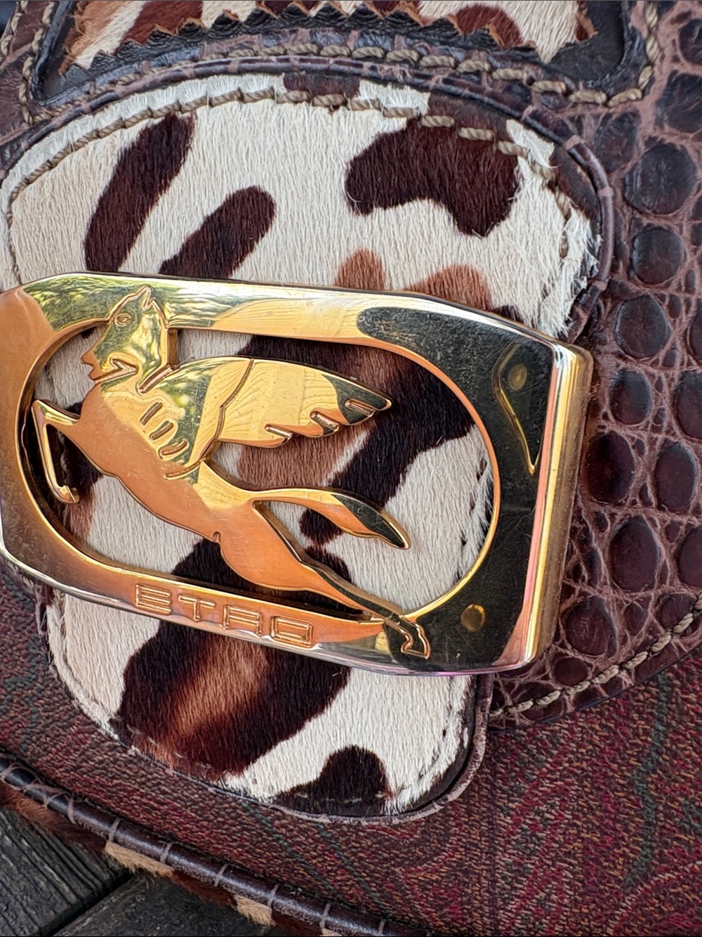Etro Rare Brown and Cream Animal-Print Satchel with Gold Hardware - Picture 6 of 17